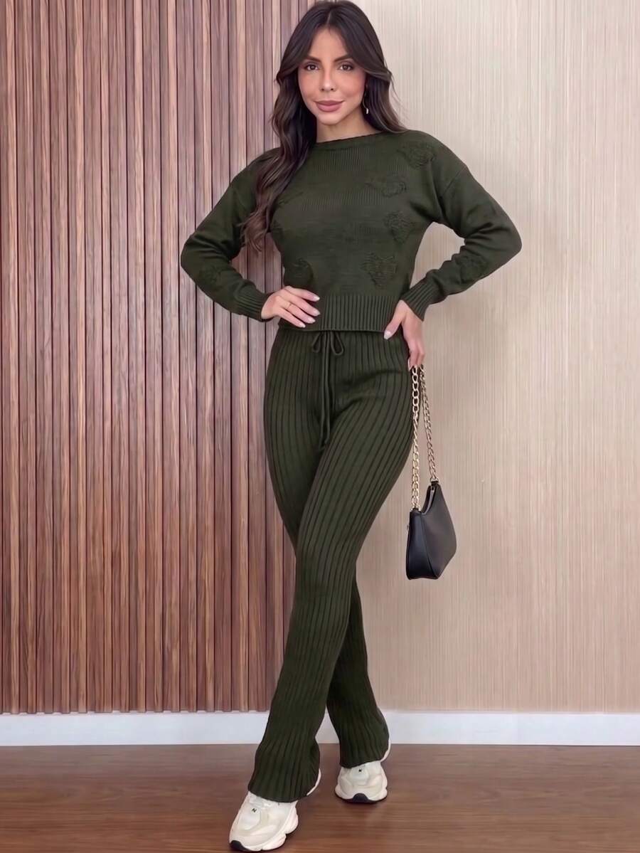 Women's Ribbed Knit Set: Long-Sleeved Blouse With Heart Details, High-Waisted Pants With Adjustable Drawstring, Casual Autumn/Winter Knitwear - Army Green - View 1