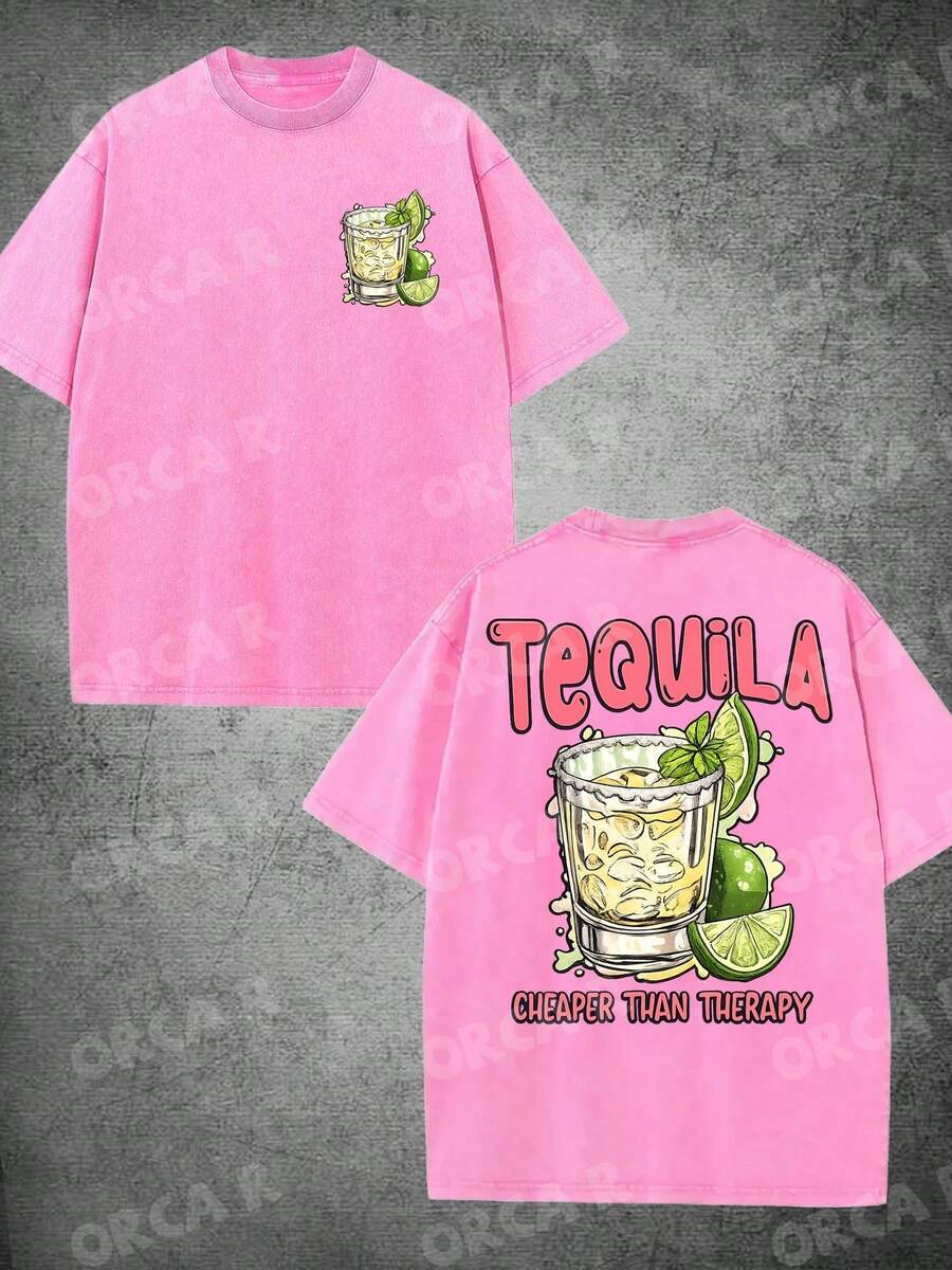 Men's & Women's High-Quality Pure Cotton Short-Sleeved T-Shirt With A Vintage Effect, Soft And Comfortable, With A Loose And Fashionable Fit, Featuring A Design That Includes A Glass Of Tequila And Lime Elements, Along With The Fun Text "TEQUILA CHEAPER THAN Relax", Suitable For Daily Commutes, Outings, Holiday Gifts, Parties And Celebrations. - 水洗棉玫瑰紅 - 查看 1