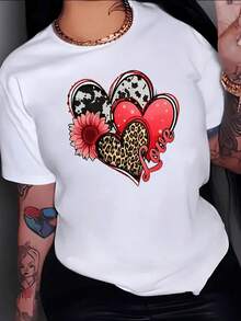 Intertwined Hearts With Animal Pattern And Pink Flower Symbolizing The Strength Of Love And Feminine Unity. Modern Casual Women's T-Shirt For Everyday Wear. - White - View 8