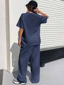 Conjunto informal de camiseta holgada y pantalones con textura mostaza para mujer - Azul marino - Ver 2
