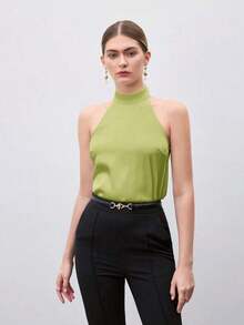 de satén de unicolor para mujer, camisa casual de verano con cuello en V, elegante para la oficina - Verde - Ver 2