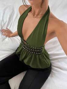 Nuevo top halter de verano con diseño de cintura con remaches para mujeres - Verde militar - Ver 3