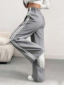 Pantalones informales de mujer con pierna suelta y efecto de contraste de color, para primavera/verano - Gris Pedernal - Ver 4