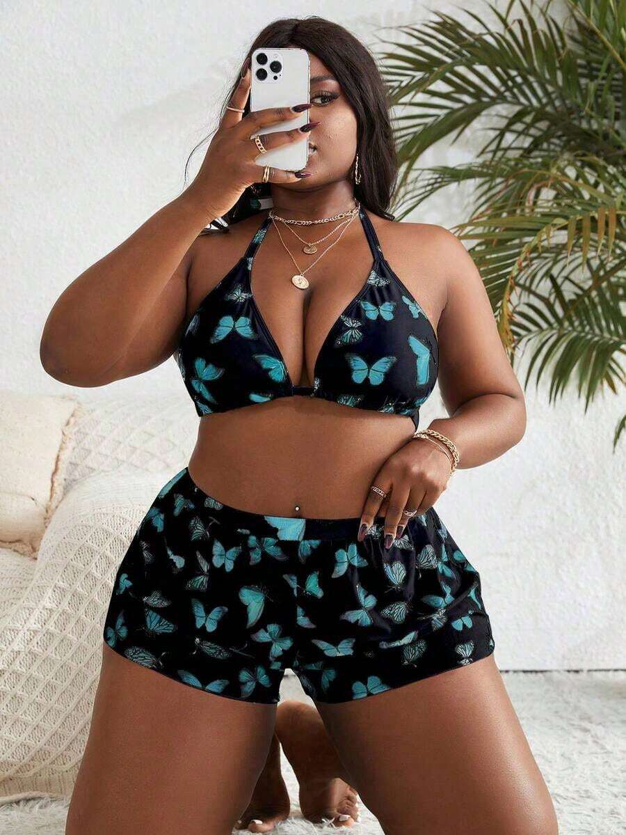 Conjunto de bikini de 3 piezas con estampado de mariposa para mujer de talla grande, para playa de verano - Multicolor 2 - Ver 1