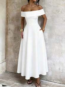 Vestido de mujer de unicolor con hombros descubiertos, nuevo vestido largo elegante y ajustado sin espalda para fiestas, uso diario y citas - Blanco - Ver 6