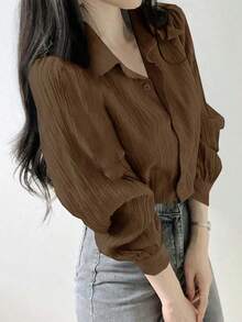 Blusa suelta de unicolor con cuello vuelto y pliegues para mujer, color morado, para primavera/verano/otoño, ropa de mujer de manga larga - Café integral - Ver 5