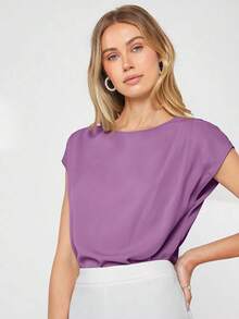 Blusa de mujer con mangas de murciélago asimétricas, de unicolor, estilo básico urbano de viaje, moda elegante y sencilla para negocios casuales, adecuada para maestras y uso en la oficina - Morado - Ver 3