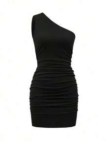 Vestido mini de punto de unicolor con hombros descubiertos, ceñido y sexy para mujer.Vestidos cortos con cuello de hombros descubiertos, apropiado para el Día de San Valentín, elegante - Negro - Ver 3