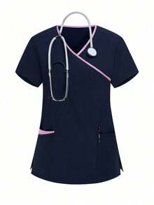 Conjunto de uniforme de pijama de unicolor con parches, cuello en V y manga corta - Azul marino 2 - Ver 3