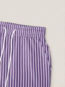 Conjunto de camiseta de manga corta con cuello redondo y estampado de oso de dibujos animados, y pantalones a rayas con cordón en la cintura para mujer - Morado - Ver 7