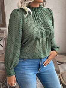 Blusa elegante de talla grande para mujer 2025 con encaje jacquard, parches y mangas con volantes, cintura ceñida y silueta evasé, adecuada para volver al colegio, graduación, vacaciones, San Valentín, festivales de música, Día de la Madre, Hallow - Verde Oscuro - Ver 5