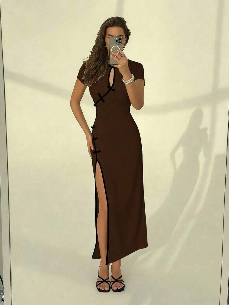 YHHFranclia Vestido abotonado de mujer de estilo chino para el Año Nuevo, vestido elegante de estilo chino nuevo, vestido largo con ribete de contrasteYHH - Multicolor 3 - Añade 7