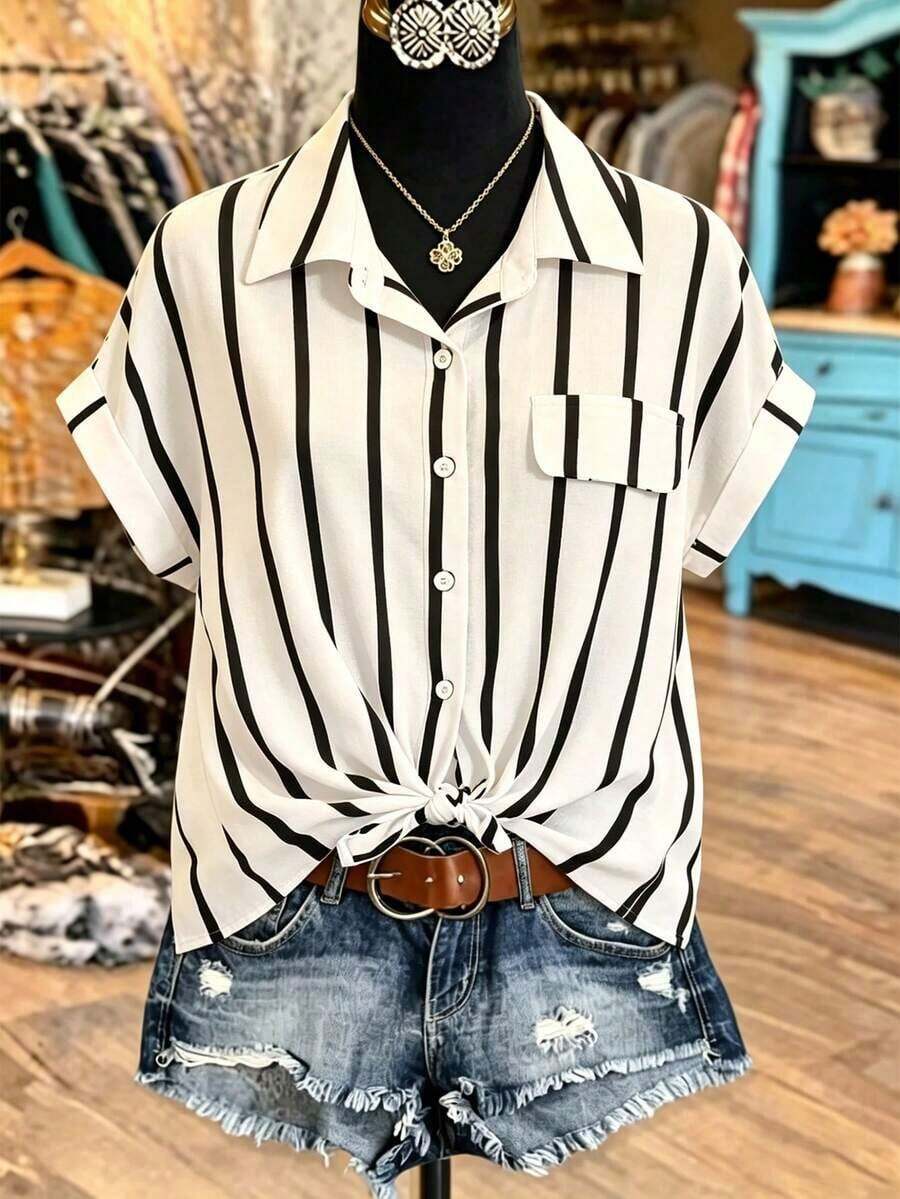 Camisa con estampado de rayas de manga murciélago - Blanco y Negro 2 - Ver 1