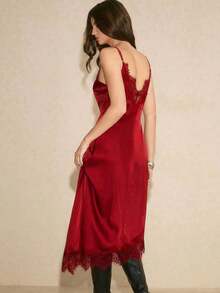 YHHPoéselle Vestido largo de satén con abertura alta y parches de encaje de unicolor para mujerYHH - Rosa Roja - Ver 4