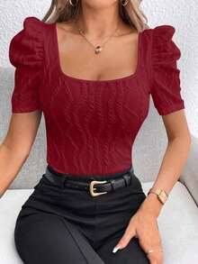 Privé Camiseta De Cuello Cuadrado Y Manga Corta Ajustada Con Textura - Burdeos - Ver 7
