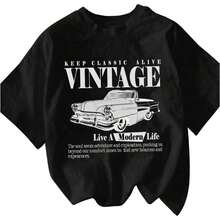 Camiseta de mujer con estampado de letras, cuello redondo, hombros caídos, manga corta de verano, top con estampado de coches vintage, ropa de verano para mujer, estilo urbano. - Negro - Ver 6