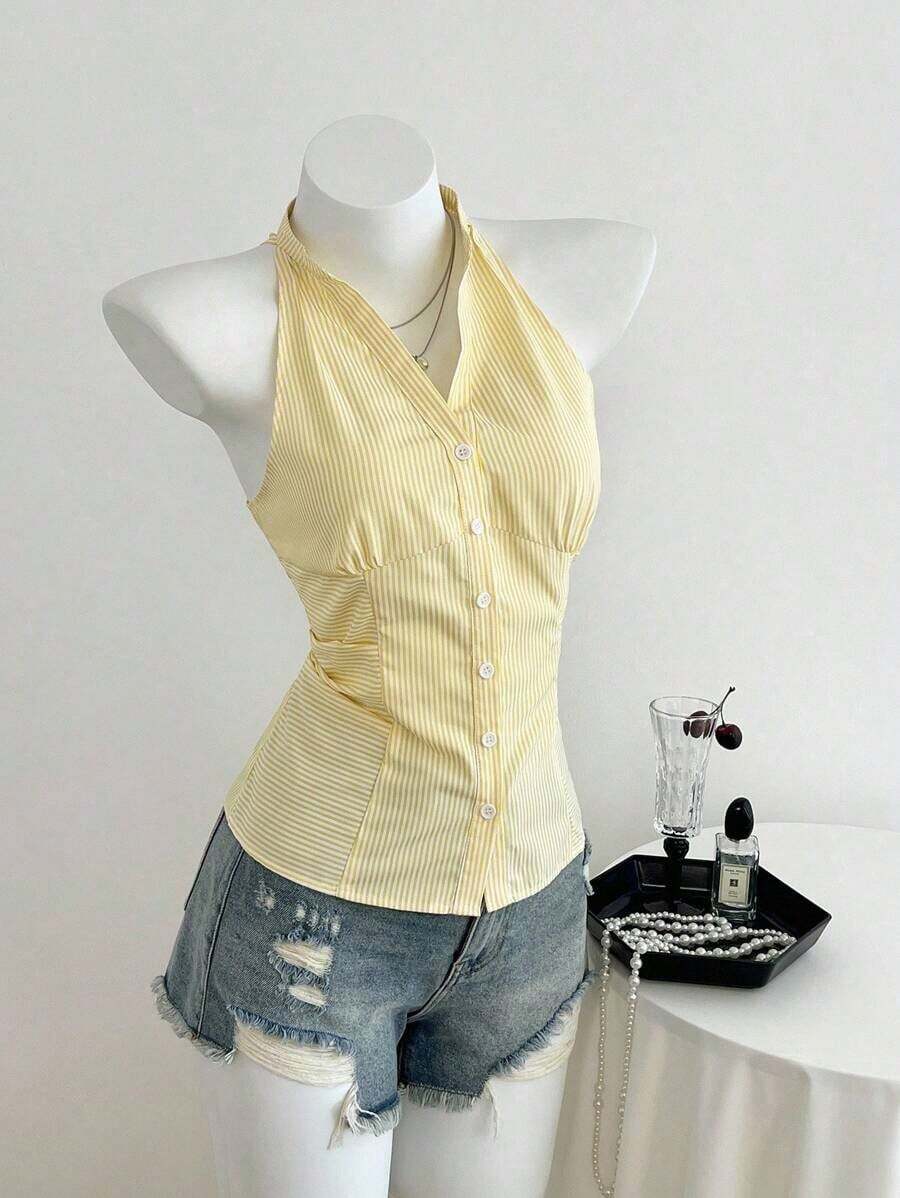 Blusa sin cuello, de corte ajustado, de rayas azules y blancas, sin mangas, de estilo casual para mujer - Amarillo - Ver 1