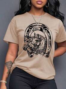 Camiseta de mujer con estampado de caballo de dibujos animados y cuello redondo, camisetas gráficas de mujer - Caqui - Ver 5