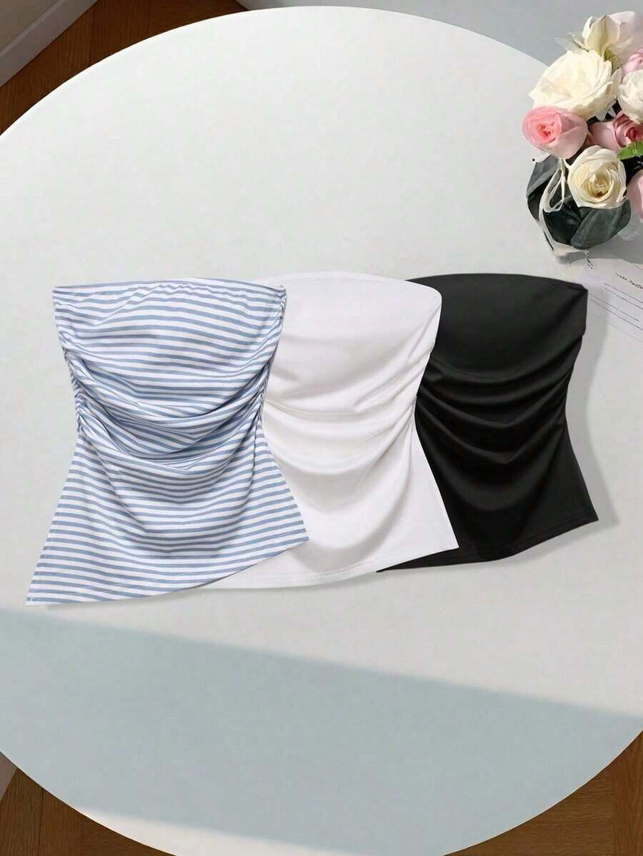 3 piezas/set de tops casuales sin mangas plisados para mujer - Multicolor - Ver 1