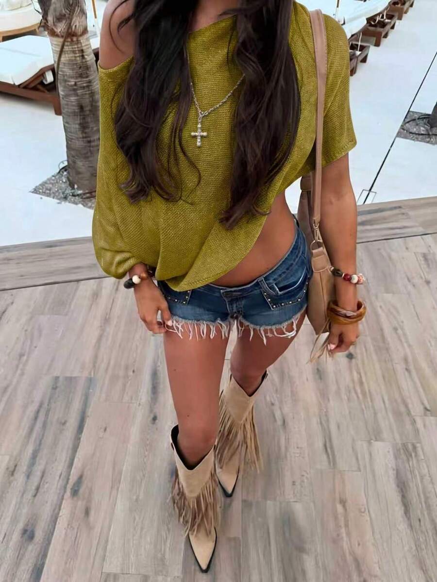 EAVA 女款不對稱披肩式披肩 寬鬆針織罩衫,夏季海灘度假休閒上衣 - 綠色 - 查看 1