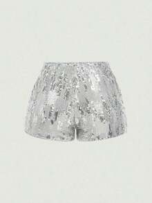 Pantalones cortos negros glamorosos de mujer con adornos de lentejuelas - Plateado - Ver 2