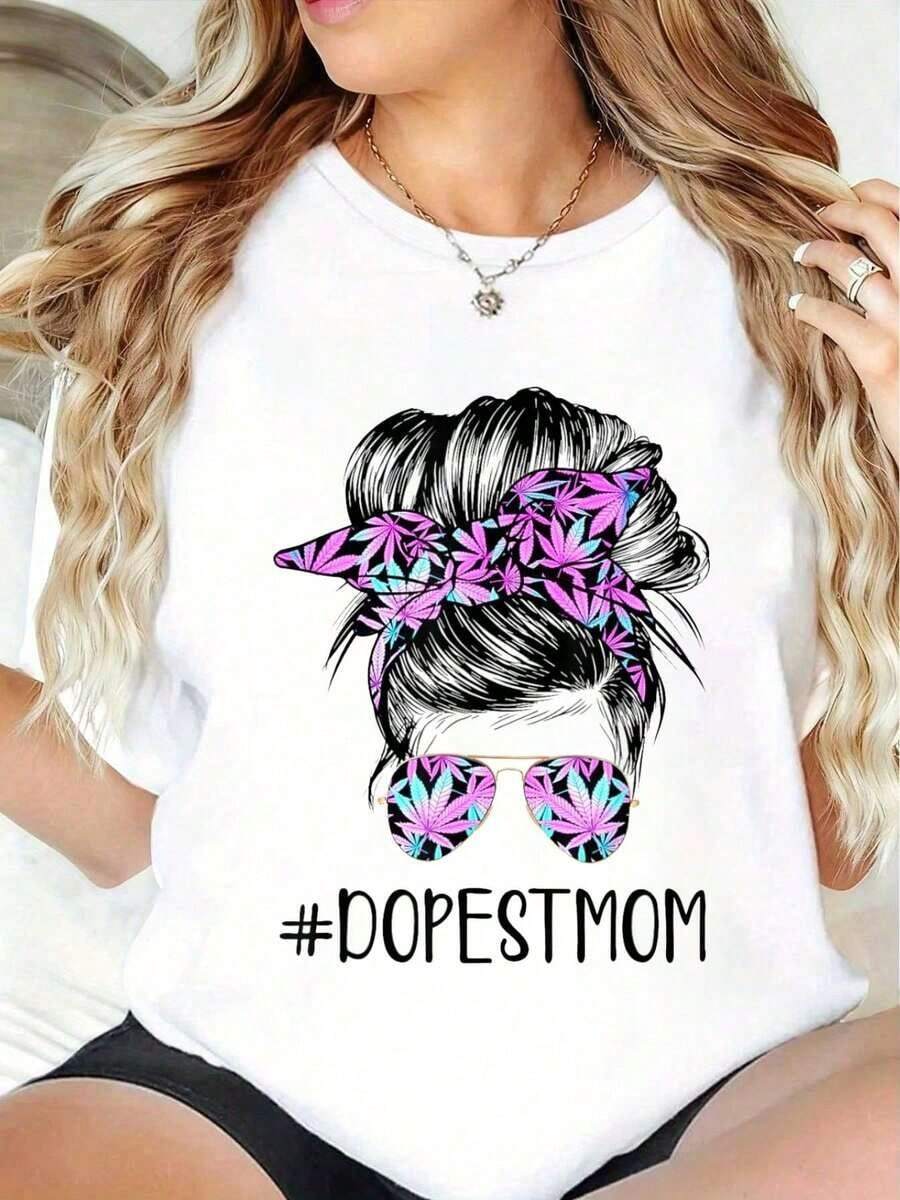 100% algodón, talla grande, 100% algodón, camiseta con estampado "Dope Mom Classy World's Dopest Mom Messy Bun Leaf", cuello redondo, mangas cortas, tela elástica, top de verano. - Blanco - Ver 1