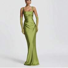 Elegant Satin Mermaid Maxi Dress, Square Neck With Ruched Waist, Bodycon Formal Evening Gown For Women - 藍色 - 查看 7