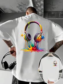 T-shirt d'été pour homme, streetwear, T-shirt de style urbain avec un motif graffiti dynamique et casque audio - un t-shirt pour homme qui reflète un caractère dynamique et une passion pour la musique. - Blanc - Voir 1