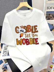 Plus Size Women's Thanksgiving T-Shirt With "Eat So Much You'll Wobble" Pattern, Short Sleeves, Large Neck. Suitable For Summer, Vacation, New Year's, Valentine's Day, Mother's Day, Graduation, And Casual Daily Wear. - 白色 - 查看 8