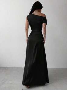 Vestido elegante asimétrico de hombro con pliegues y bajo de cola de sirena en color verde, adecuado para citas, vacaciones, bodas, eventos, regreso a la escuela, graduación, vestido de dama de honor formal, vestidos elegantes para mujer - Negro - Ver 2