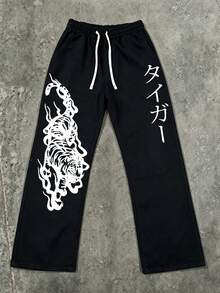 Men's Japanese Tiger Kanji Print Wide Leg Pants, Black Drawstring Waist Baggy Trousers, American High Street Y2K Streetwear Loose Fit Casual Pants, Perfect For Vacation & Daily Wear, Hip Hop Oversized Straight Leg Elastic Waist Casual Bottoms For Men - màu đen - Xem 3