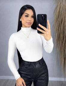 Women's Ribbed Second Skin High Neck Blouse For Everyday Use - Simple - 2 White + Brown Units - View 3