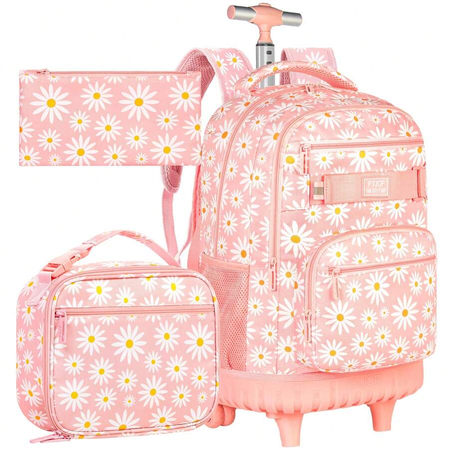 Girls Rolling Backpack, Girl Roller Bookbag With Lunch Box For Adults, Water Resistant Wheeled School Bag For College Teens Kids Travel - Pink Flower - UV Trolley Backpack for Soccer Ball - View 1