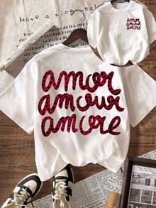1 Piece Fashion Casual T-Shirt For Men And Women, Round Neck, Short Sleeve, Leopard Print "More Love", Autumn Clothes, Versatile For Back To School Season, Easy To Match, Daily Wear, Urban Style, Vacation Outfit, Weekend Outfit. - 白色 3 - 查看 7