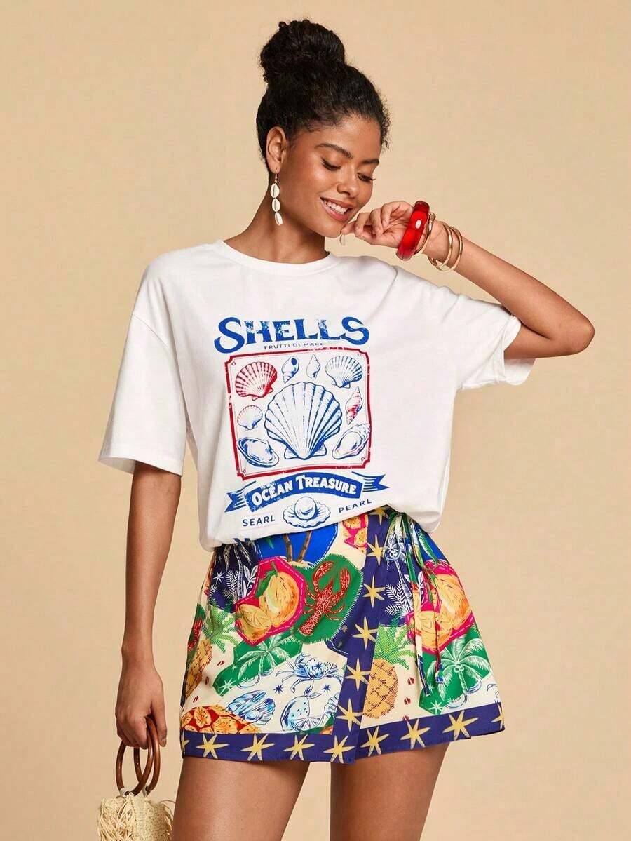 2026 Spring/Summer, New Collection, Short Sleeve T-Shirt With Marine Life Graphic Print, Vacation Style, Woven Graphic Print, Casual Summer Vacation For Women, Bohemian Style Beach Vacation, Boho Chic, Country Concert, Holiday Festivals, Women's Beach, Short Sleeve T-Shirt / Short Sleeve Tee - 白色 - 查看 1