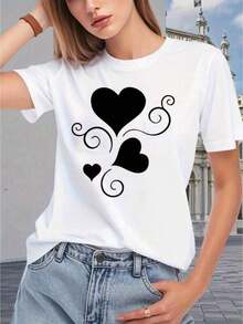 Loose Women's Casual T-Shirt, Heart And Spiral Print, Long Sleeves, Adjustable Drawstring Hood, Front Pocket, Suitable For All Seasons, Heart Print T-Shirt With Fleece Lining, Women's T-Shirt. 8OYG Women's Cotton Crew Neck T-Shirt - 白色的 - 查看 8