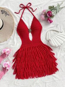 Vestido de suéter ajustado con cuello en V, escote halter y espalda con lazo, estilo bohemio, para vacaciones, otoño/invierno - Multicolor - Ver 7