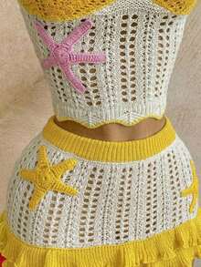 Conjunto de 2 piezas para mujer: Top de punto calado de color contrastante y falda mini con doble volante, adecuado para la playa, cruceros y festivales de música - amarillo ganso - Ver 8