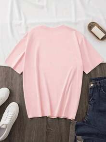 Envío gratis, entrega local enéxico, entrega en 4 días. Camiseta gráfica para mujer, manga corta, cuello redondo, básica, cómoda, fresca, ligera, corte regular, moderna, juvenil, estampada con rosas, flores, purpurina 3D, mariposas, insectos. - Rosa - Ver 2