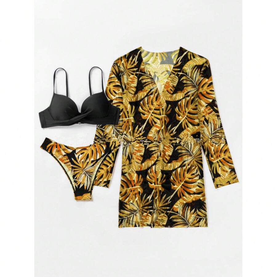 Traje de baño de tres piezas con pareo, bikini femenino con pareo de manga larga para protección solar. - Naranja - Ver 1