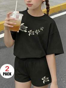 2件組 青少年女孩夏季休閒杏色短袖T恤+短褲套裝，彩色海龜印花，青少年女孩套裝 - 黑色 - 查看 2