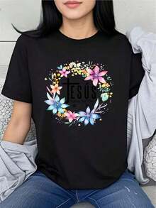 Women's & Men's One Piece, Beautiful Blouses For Women, Women's Clothing Sets, T-Shirts From Local Stores For Women And Men, John 316 Saved My Life, Watercolor Floral Design, High Quality Print, Round Neck, Basic Loose Fit, Breathable, Quick Dry, Versatile, Machine Washable, Comfortable, Daily, Casual, Sporty, Summer Essential. - 黑色 - 查看 2