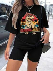 1 Piece, Unisex Short Sleeve Crew Neck T-Shirt, 180g, Retro Dinosaur Family Print With Sunset Palm Trees, Y2K Bababask Inspired Style, 100% Pure Cotton, Casual And Versatile For Urban Wear, Daily Outings, Summer, Camping, Concerts, Hip-Hop/Rock/Rap Events And Beachwear. Ideal For Festivals, Autumn, Year-Round Wear And Plus Sizes. - 黑色6 - 查看 6