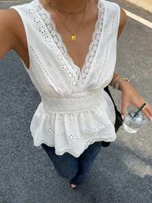 Camisa sin mangas con encaje de contraste para mujer - Blanco - Ver 9