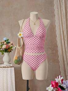 Traje de baño de tankini con cuello de corbata y espalda descubierta con estampado de lunares sexy para mujer, adecuado para la playa y vacaciones - Rosa Pálido - Ver 4