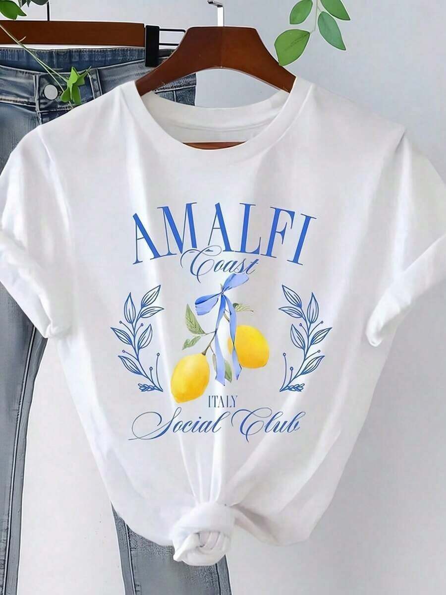 Camiseta de manga corta 1 pieza para mujer, estampado de limones de la de Amalfi, camiseta blanca, cuello redondo, camiseta casual de algodón, tejido de punto de elasticidad media, corte regular para damas, para primavera/verano/otoño. - Blanco - Ver 1