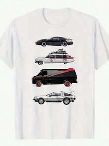 1 camiseta clásica para hombre con estampado de coches de película, 100% algodón, cuello redondo, estilo casual, corte holgado para todas las estaciones con ligera elasticidad, con gráficos de Knight Rider, A-Team, Regreso al Futuro, Delorean y Ghostbusters. - Blanco - Ver 1