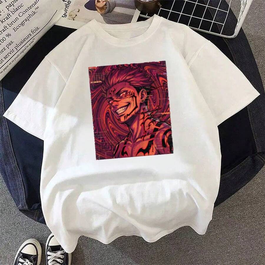Camiseta Destruction-Wears-a-Grin con estampado de dibujos animados de anime, unisex, estilo urbano, verano, casual. - Blanco - Ver 1