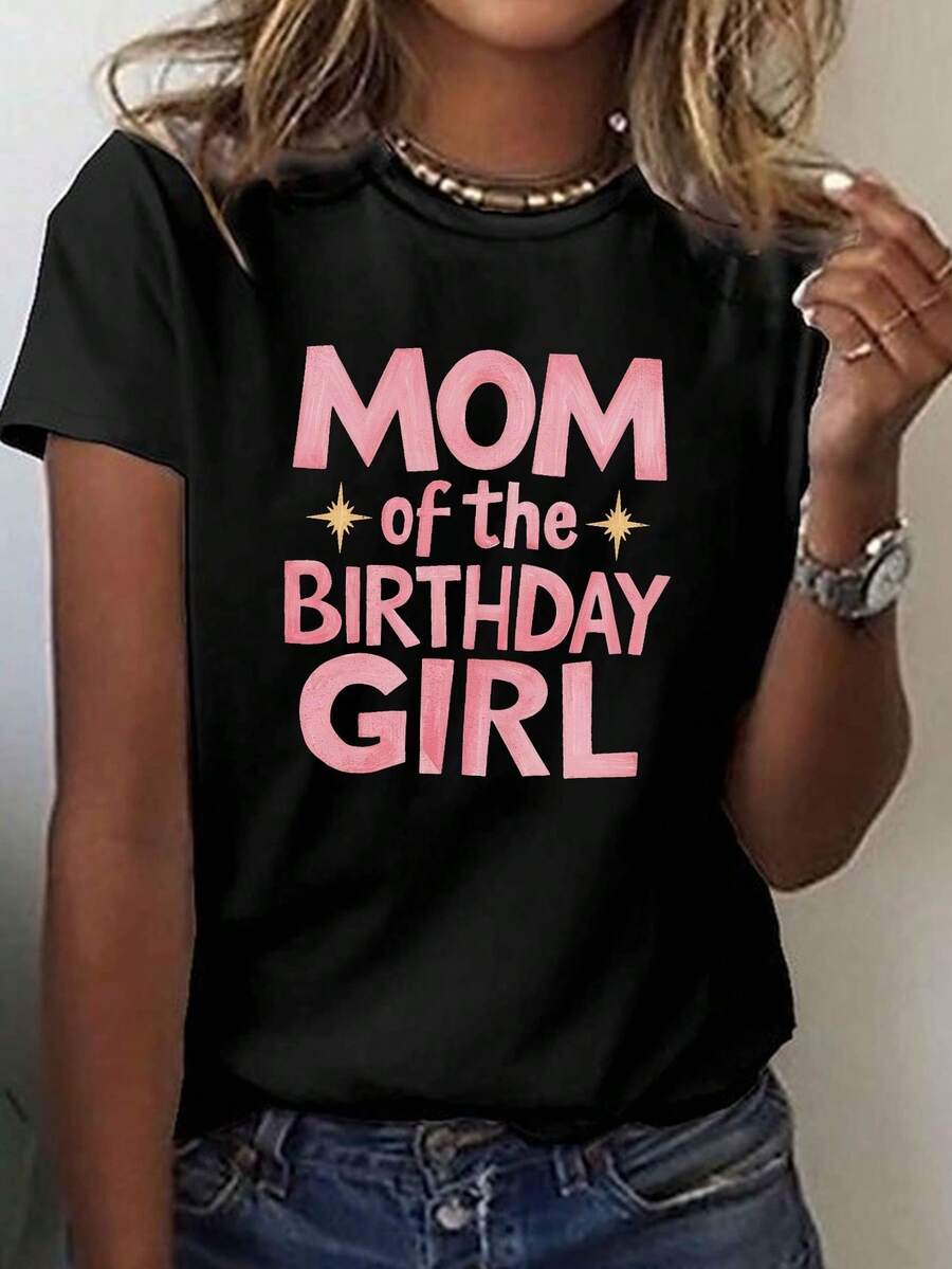 Camiseta Gráfica "MAMÁ DEL DÍA DE CUMPLEAÑOS" para Mujer - Top Casual de Manga Corta con Cuello Redondo y Detalles Estrella, Elasticidad Media, Lavable a Máquina, Confort Todo el Año para Celebraciones de Cumpleaños & Atuendo Casual, Camiseta Especial, Diseño Divertido, Tela Cómoda, Regalo para Mamás - Negro - Ver 1