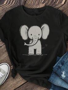 Women's Casual Short Sleeve T-Shirt - Cute Elephant Print, Round Neck, Breathable And Medium Stretch Fabric, Regular Fit For Spring Summer Autumn, Machine Washable, Seasonal Fashion, Fun Graphic T-Shirt, Comfortable And Cozy - 黑色 - 查看 7